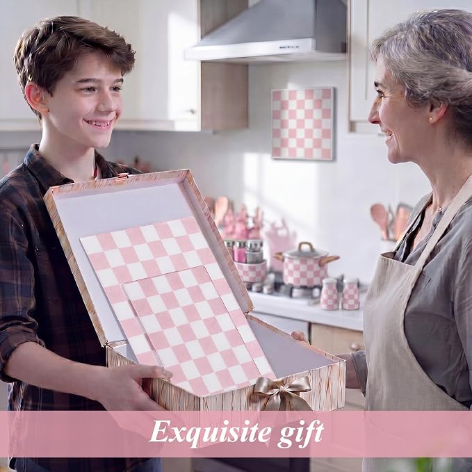 Thenshop Set of 2 Tempered Glass Cutting Boards Pink Check Countertop Cutting Boards Heat Resistant with Non-slip Feet for Kitchen Counter Housewarming Wedding Gift 7.9x11inch+11x15 Inch