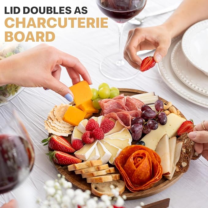 X-Large 6.5 L Glass Salad Bowl with Lid Set, Decorative Glass Mixing Bowl, Trifle and Serving Bowls with Lids as Cheese Charcuterie Board and Plate, Comes with Wood Serving Utensils