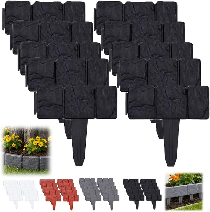 Imitation Stone Garden Fence No Dig Landscape Edging Faux Stone Garden Border Plastic Pound in Edging for Landscaping Flower Beds Yard Decorative Artificial Rock Edgers Bricks (20, Black)