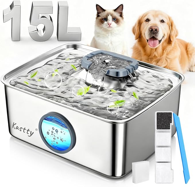 Kastty 15L/4 Gal Stainless Steel Dog Water Fountain for Large Dogs | Ultra-Quiet Automatic Pet Water Fountain with Water Level LED Light,Easy Cleaning Dog Water Bowl Dispenser for Multi-Pet FS79