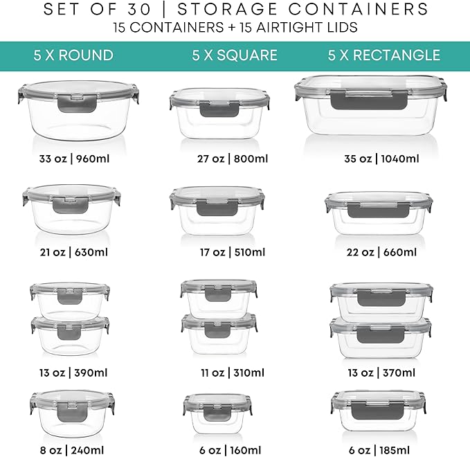 Razab 30 PC Glass Food Storage Containers with Lids - Reusable Glass Meal Prep Containers for Lunch and Leftovers - Airtight & Leakproof Snap Locking Lids - Oven, Freezer, Microwave & Dishwasher Safe
