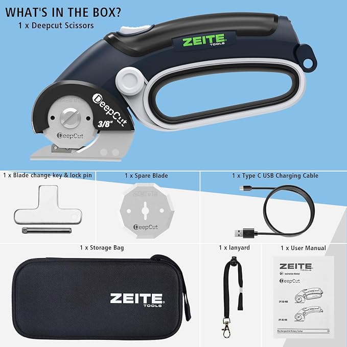 ZEITE Deepcut 3/8" Electric Cardboard Cutter,Cordless Scissors with LED Light,Storage Box,Rechargeable Powerful Rotary Box Cutter with 2 Blades for Thick Cardboard, Fabric, Carpet, Leather