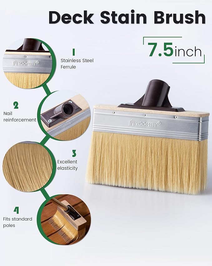 Voomey 7.5 Inch Deck Stain Brush Applicator, Heavy Duty Wood Stain Brush with Thick Soft Bristles, Wide Paint & Sealer Applicator for Decks, Fences, Brick, Concrete Walls, Fits Long Handle Paint Pole