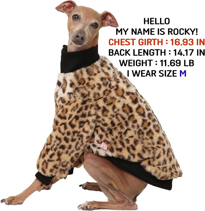D DOGGYSTAR Italian Greyhound Winter Faux Fur Zip Up Coat Warm Plush Jacket for Slim Long Leg Dogs (M,Zip-up Leopard)