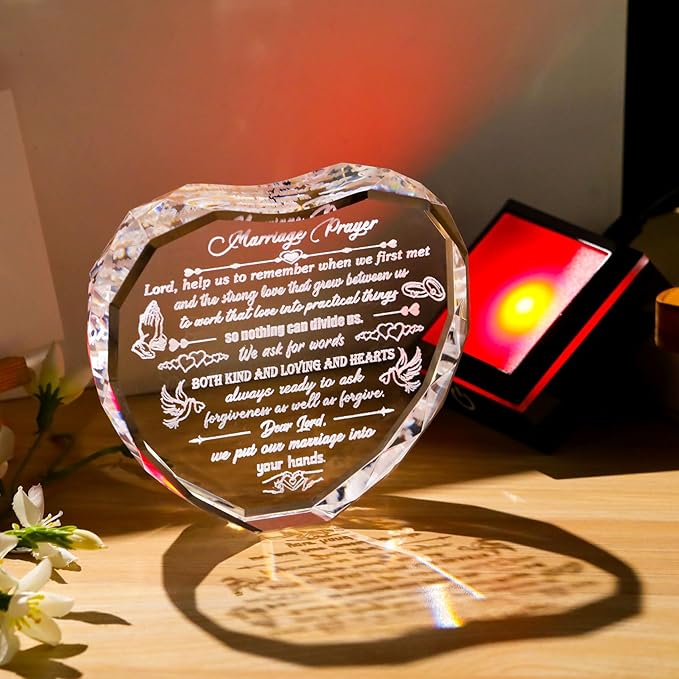 Crystal Marriage Prayer Gifts for Couple Heart-shaped Wedding Keepsake with LED Base for Her Him Romantic Anniversary Plaque for Wife Husband on Valentine's Day Birthday Wedding Engagement