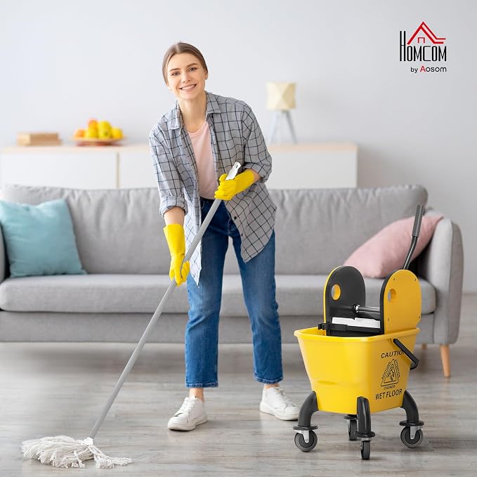 HOMCOM Mop Bucket with Wringer on Wheels, 27.5 Quart, with Mop, Yellow | Down Press Wringer, Handle and Mop, Floor Cleaning