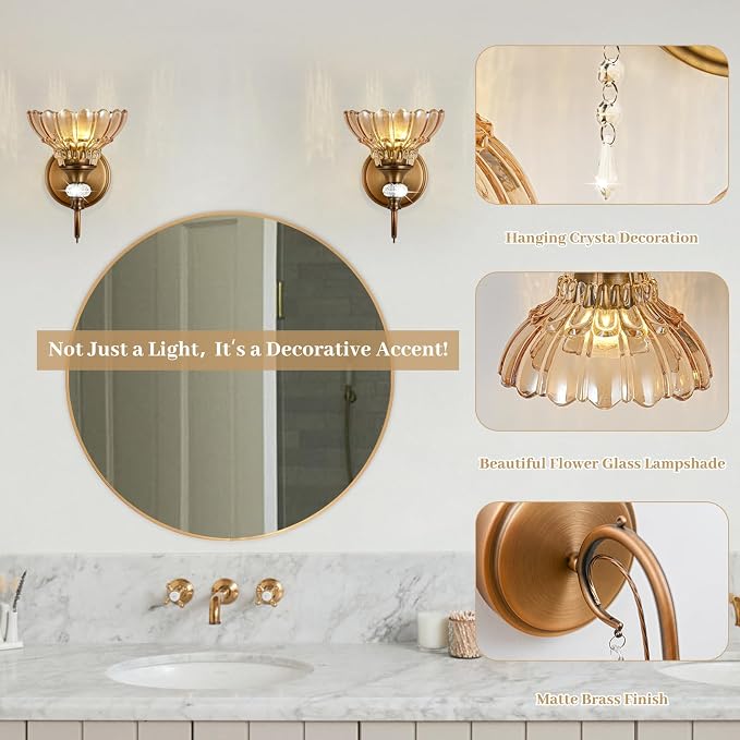 1 Piece Vintage Wall Sconce, 1-Light Matte Antique Brass Finish Wall Sconce with Hanging Crystal Accents and Flower-Shaped Amber Shades for Bathroom Bedroom Living Room,Vintage Vanity Light