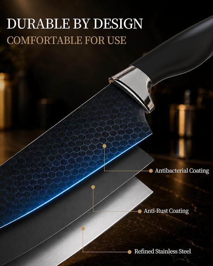 Knife Set 15 Piece Kitchen Knife Set with Block | Built in Sharpener, German Stainless Steel, Dishwasher Safe, Black Kitchen Knives Complete Set, For Home Cooking & Gifting