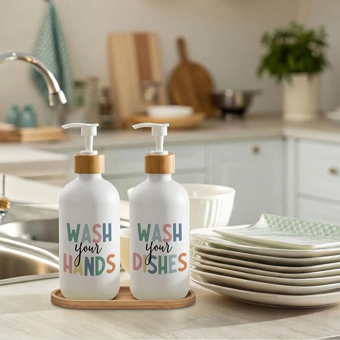 Boho Kids Hand and Dish Soap Dispenser Set, Wash Your Hands & Dishes Glass Soap Dispenser, Hygiene Instruct Colorful Refillable Handsoap Pump Bottle for Bathroom Countertop Kitchen