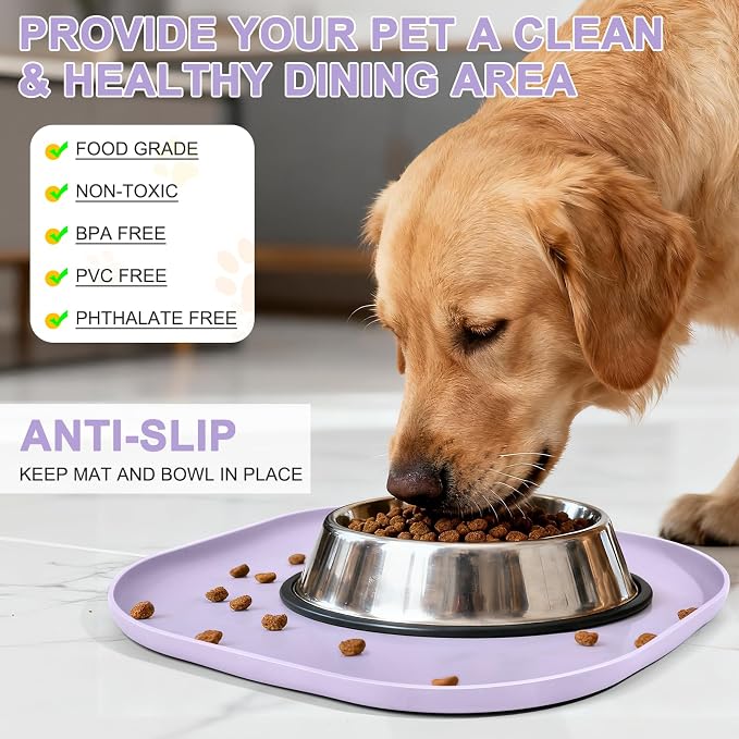 SMILOOL Waterproof Silicone Pet Food Mat with Raised Edge for Dog & Cat | 12" x 12" Non-Slip Small Pet Feeding Mats with Lip for Food & Water Bowl, Food Grade, Easy Cleaning, Light Purple