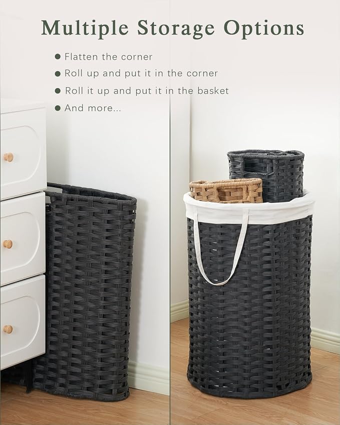 SETVSON Large Laundry Hamper Laundry Basket Round 130L, Black | Decorative PE Rattan Furniture Look for Bedroom, Round Laundry Hamper, Removable Liner Bag, 2 Mesh Bags, Handles