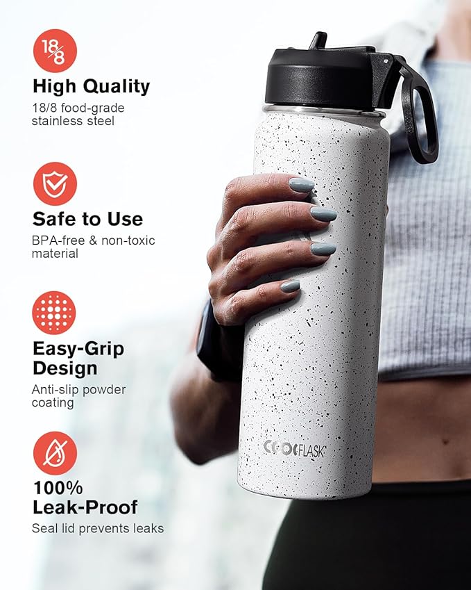 Coolflask Water Bottle 20 oz Insulated with Straw, Stainless Steel Metal 3 Lids Water Flask Wide Mouth for Sports or Office, Non-BPA Keep Cold Up to 48 Hrs or Hot Up to 24 Hrs, Arctic White