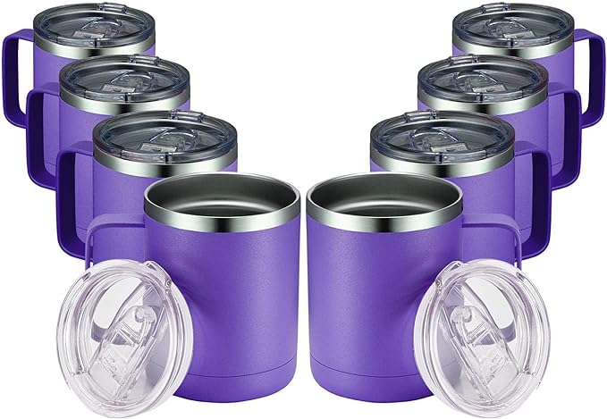 MEWAY 12oz Coffee Mug With Handle 8 Pack Bulk,Stainless Steel Insulated Travel Tumblers With Sliding Lid,Double Wall Vacuum Camping Cup for Hot & Cold Drinks Tea (Purple,Set of 8)