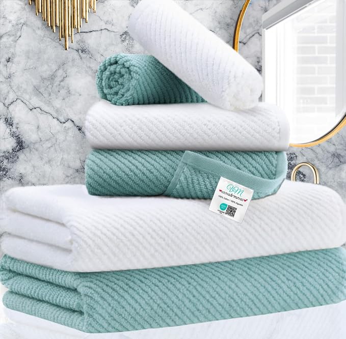 VOOVA & MOVAS 6PC Towel Set, 100% Cotton, Aqua Teal White | 2 Large Bath 30x56 In,2 Hand 18x28 In, 2 Washcloths 13x13 In, Soft, Quick Dry, Thick, Bathroom Essentials