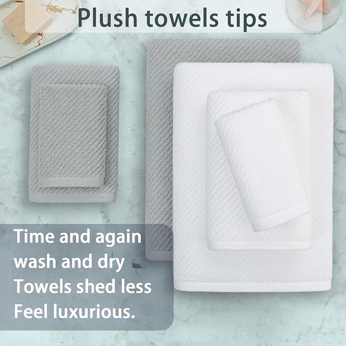 VOOVA & MOVAS 6PC Towel Set, 100% Cotton, Grey White | 2 Large Bath Towels 30x56 In, 2 Hand Towels 18x28 In, 2 Washcloths 13x13 In, Soft, Quick Dry, Bathroom Essentials