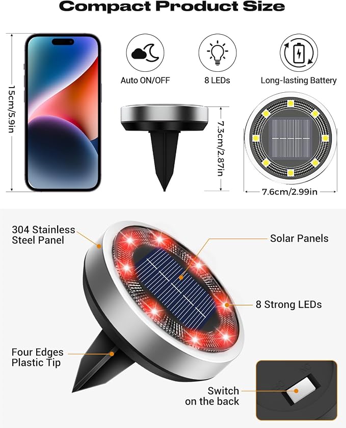 Btfarm 16 Pack Solar Lights Outdoor Waterproof, 8 LED Solar Ground Lights