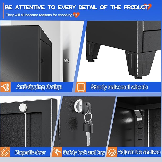 GAIOUS Tall Metal Pantry Storage Cabinet with Lock, File Cabinet Black | 2 Doors Freestanding Steel Bookcase with Adjustable Shelves, Heavy Duty Lockable Office Cabinet, Garage Utility Organizer