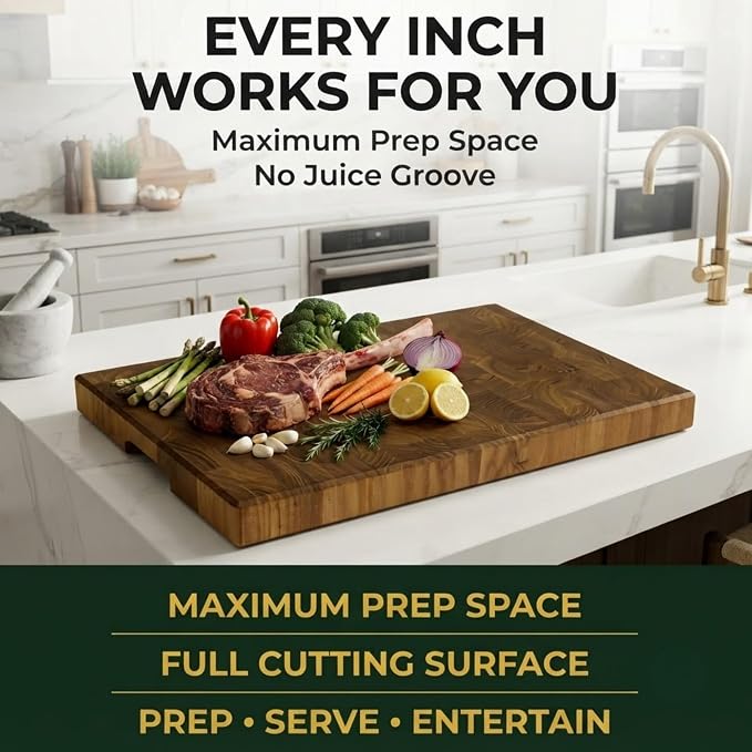 SHUMARU XL End Grain Old East Java Teak Cutting Board 20.5 x 14.2 x 2", Premium Thick Butcher Block, Knife-Friendly Chopping Block, No Juice Groove, Non-Slip Feet, Side Handles