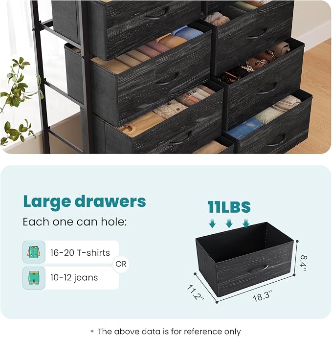 OLIXIS 8 Drawer Storage Dresser with Wood Top - Wide Fabric Chest Organizer for Bedroom, Closet, Living Room,Tower Cabinet, TV Stand, Hallway Entryway Furniture,Black Wood Grain
