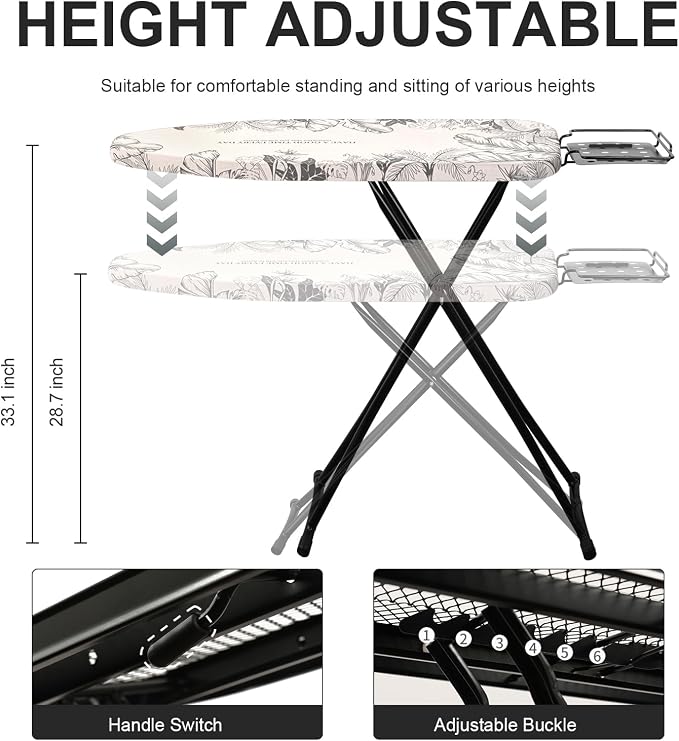 Ironing Board,Foldable Ironing Board Adjustable Height Compact Iron Board Thick Steel Tube Iron Board with Holder,Replacing Cloth Cover and Mini Handheld Gloves, Gift for Women(Leaf Print)