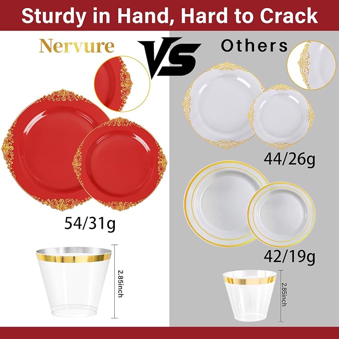Nervure 350PCS Red Plastic Plates - Red Gold Plastic Dinnerware Sets for 50 Guests - 100 Gold Disposable Plates, 50 Pre Rolled Silverware Sets, 50 Cups Perfect for Wedding & Party