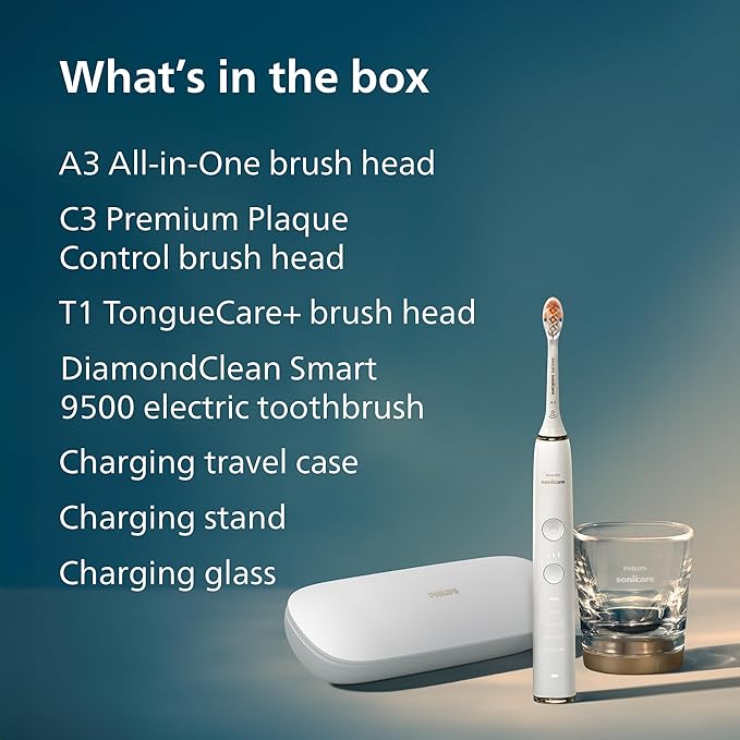 Philips Sonicare DiamondClean Smart 9500 Electric Toothbrush - Sonic Toothbrush with App, Pressure Sensor, 15 Brushing Settings, Replacement Reminder, USB Charging Travel Case, Rose Gold, HX9923/61
