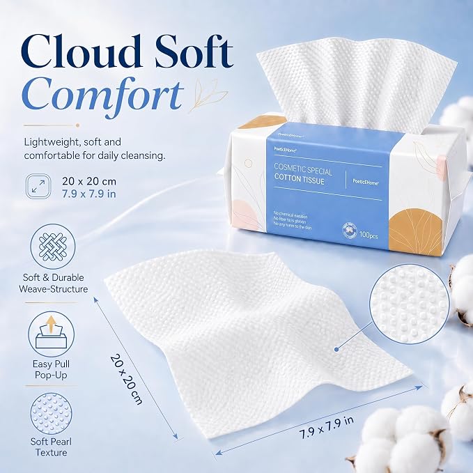 PoeticEHome Face Towel Disposable - Ultra Soft Cotton Tissue Dry Wipes - Lint Free Facial Cleansing Cloths