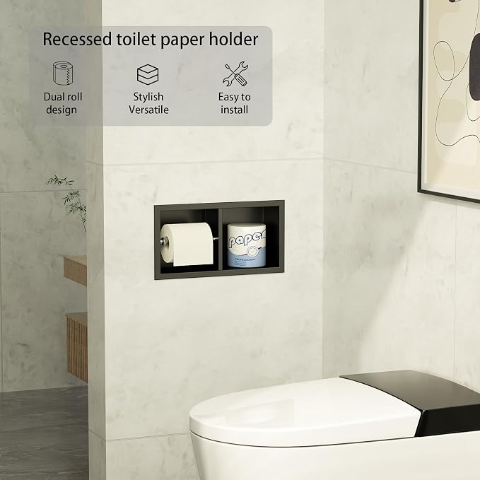 Neodrain Dual Roll Recessed Toilet Paper Holder - 304 Stainless Steel Hidden in-Wall Design Simple Loading and Unloading Space-Saving for Modern Bathrooms (Black)