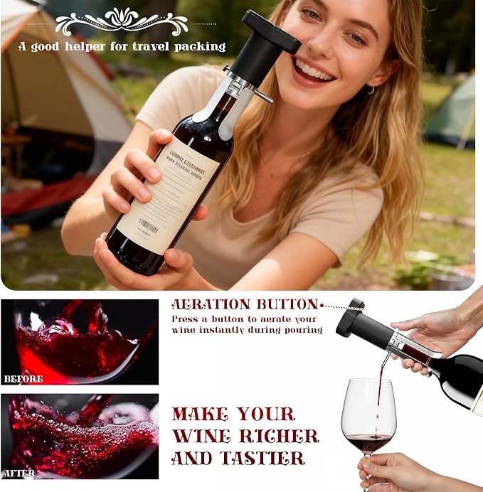 Electric Wine Opener Set with Aerator Pourer and Vacuum Sealer | Automatic Corkscrew, Drip-Free Pouring, Wine Preservation for Over 10 Days, Ideal Gift for Home, Restaurants, Parties