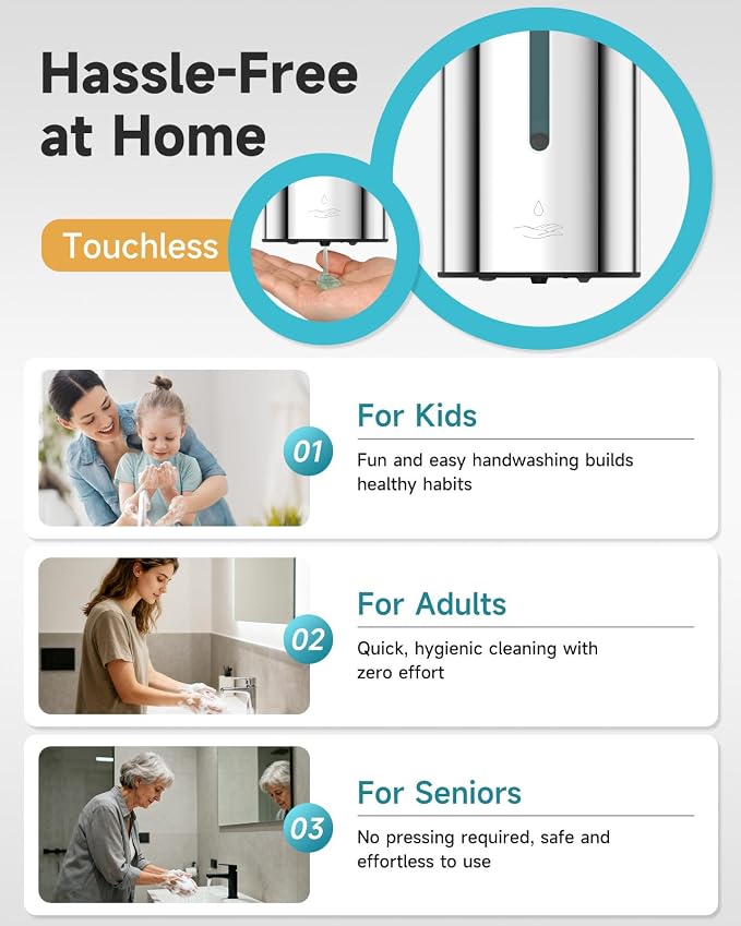 AIKE Automatic Liquid Soap Dispenser,25oz Capacity for Bathroom,Polished | No-Drill and Screw Wall Mount Install Design for Space-Saving,4*AA batteries(Not Included) Ensure Long Standby,Model AK1205E
