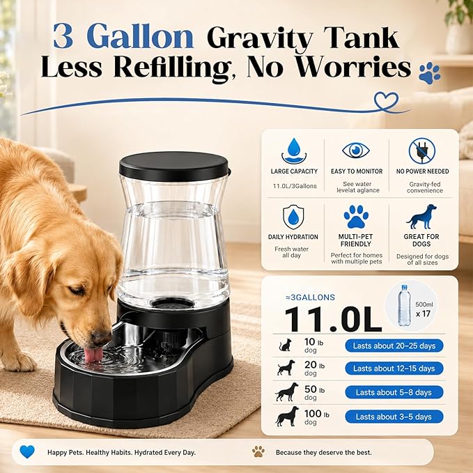 Automatic Dog Water Dispenser 3 Gallon/11L Gravity Stainless Steel Water Waterer Feeder, BPA-Free Large Capacity Water Feeding Bowls for Medium & Large-Sized Dogs,Cats