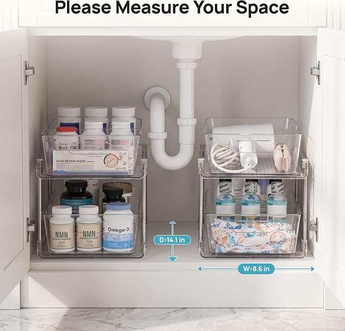 Vtopmart 2 Pack Larger Plastic Bathroom Under Sink Pull-Out Organizer (M-Standard)