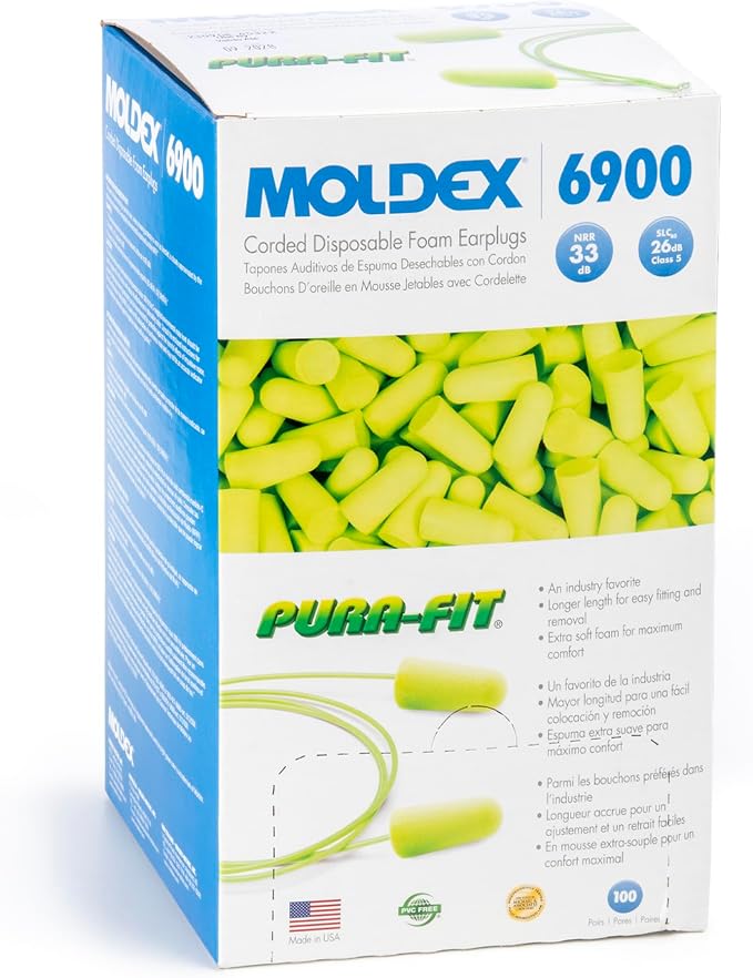 Moldex Pura-Fit Foam Earplugs – Soft, Comfortable, Corded, Disposable Ear Plugs, NRR 33dB Noise Reduction for Hearing Protection, Bright Green, Made in USA, 100 Pairs, 6900