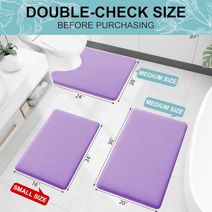 Smiry Memory Foam Bath Mat 24x16, Extra Soft and Absorbent Bathroom Mats, Non Slip Washable Carpet for Floor, Shower and Tub, Purple