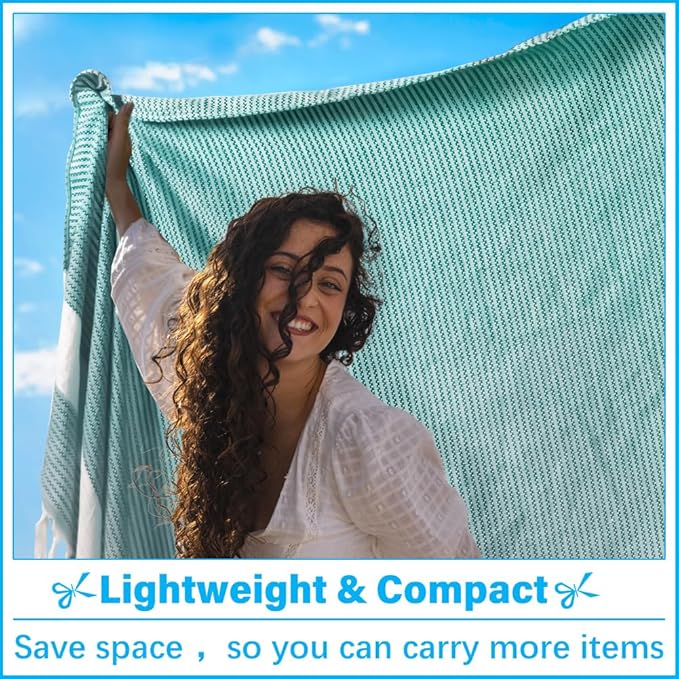 Vikumond Turkish Beach Towel Blanket Oversized 88x82 Inch Quick Dry Teal | Lightweight Compact Portable Sand Free Absorbent Boho Woven Throw for Pool Swimming Picnic Camping Cruise Outdoor Essentials