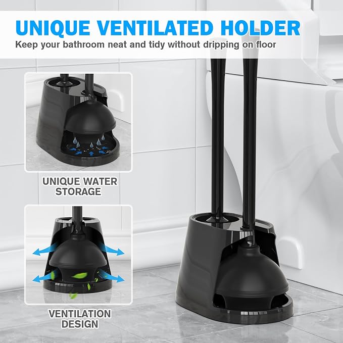 Toilet Plunger and Brush Set, 2 Pack Bowl Brush and Heavy Duty Toilet Plunger with Ventilated Holder, 2-in-1 Toilet Brush and Plunger Combo for 5.3-inch Toilet Drain Bathroom Deeply Cleaning(Black)