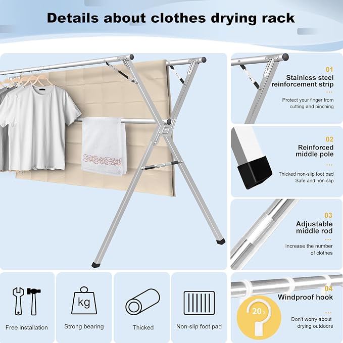 Sarahipe Sillars Clothes Drying Rack, 79 inches Laundry Drying Rack Clothing Foldable & Collapsible Stainless Steel Heavy Duty Clothing Drying Rack with Windproof Hooks for Indoor Outdoor