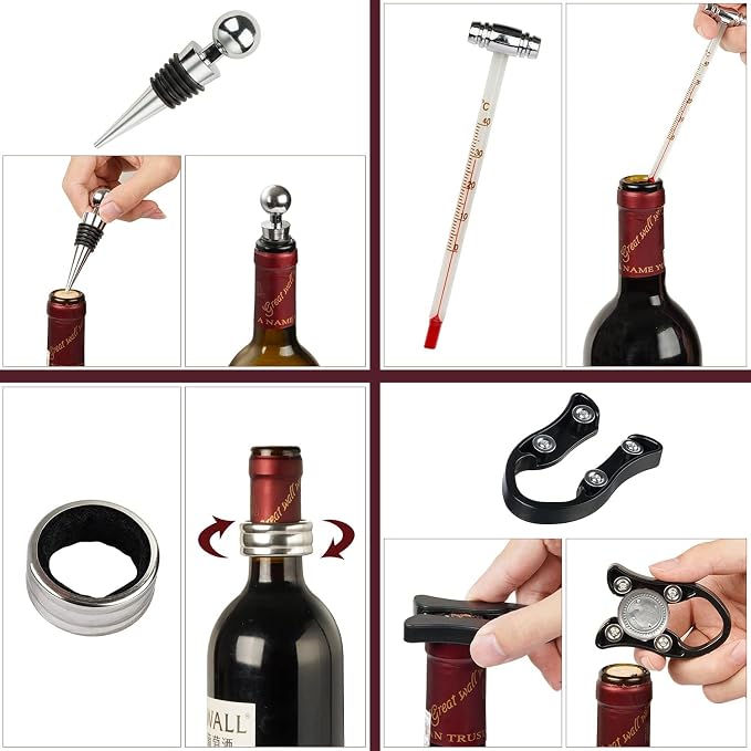 9-Pieces Corkscrew Wine Opener Set, Stainless Steel Cork Screw Rabbit Wine Bottle Opener Kit Including Foil Cutter, Pourer, Vacuum Wine Stopper Corkscrews etc, Ideal Wine Sets Gifts for Women & Men