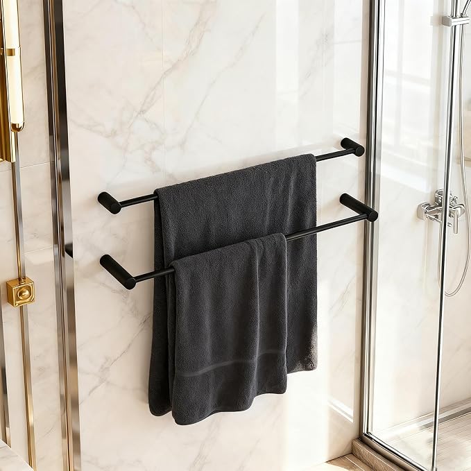 Towel Racks for Bathroom, NEWRAIN 30 inch Double Bath Towel Bar Wall Mounted, Stainless Steel Kitchen Towel Holder, Matte Black Towel Rod Towel Rail Hange