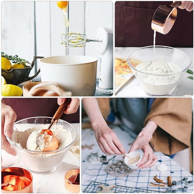 Unomor 8pcs Walnut Handle Measuring Cups and Spoons Set, Golden Stainless Steel Baking Tools with Double Graduated Units, Easy to Use Multifunction Kitchen Gadgets for Precise Ingredient