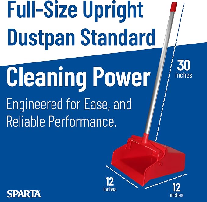 SPARTA Color Coded Upright Dustpan with 30 Inch Aluminum Handle, Serrated Edge and Locking Yoke, Standing Commercial Floor Dust Pan, Red