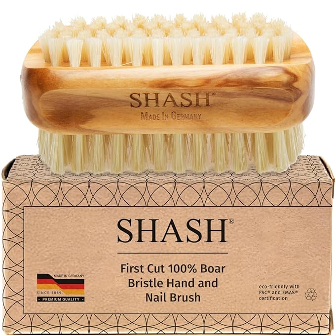 SHASH Made in Germany - 100% First Cut Boar Bristle Nail Brush - Gently Removes Dirt, Grime for Clean Hands - Exfoliates Skin for Soft, Smooth Texture, Wood (Olive) (Black Boar Bristle)