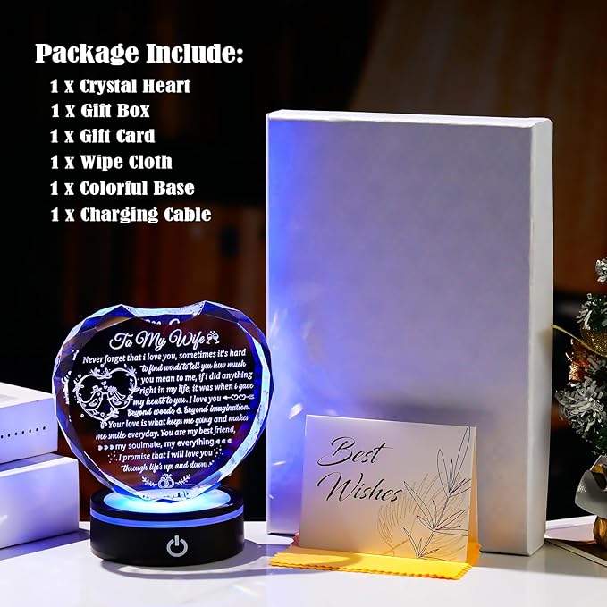 Arikyrist Crystal Heart Gifts for Wife from Husband with Colorful LED Base, Romantic Anniversary Wedding Gift Ideas to My Wife, Glass I Love You Keepsakes for Her