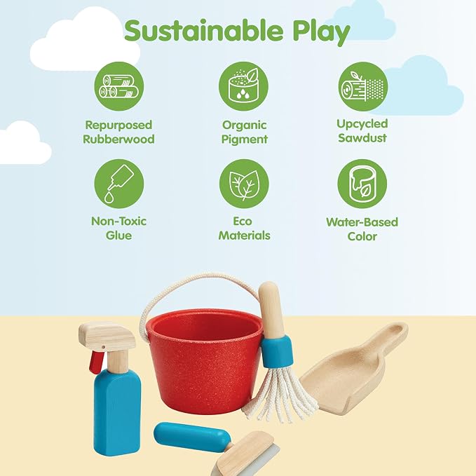 PlanToys® Cleaning Set | Montessori Wooden Housekeeping Play Set for Kids | Includes Broom, Mop, Dustpan, Bucket & Duster | Eco-Friendly Pretend Play Toy for Practical Life Skills & Responsibility | broom mop dustpan bucket duster, wooden cleaning set,...