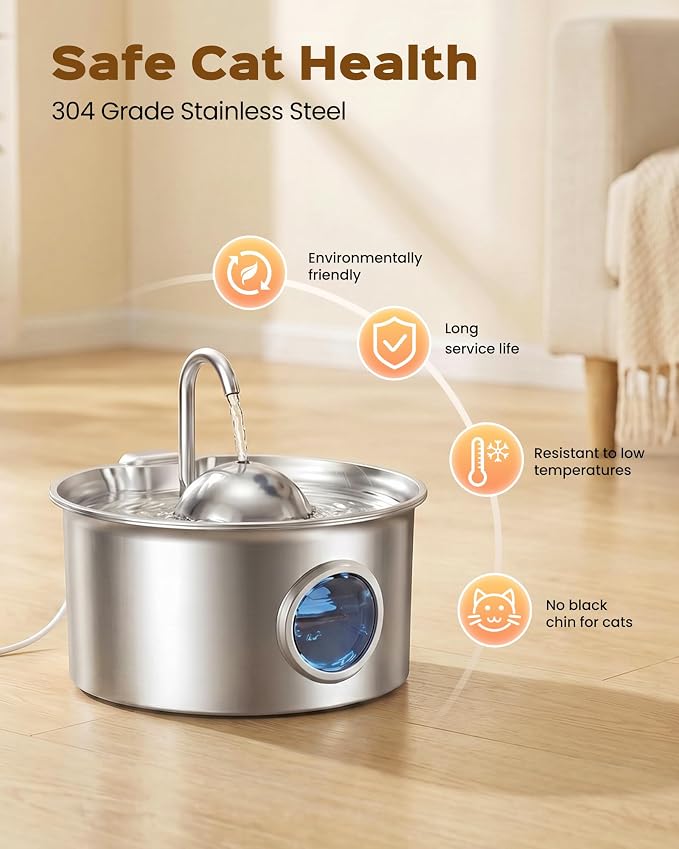 Stainless Steel Cat Water Fountain: Cat Fountain with with 6 Filters + 3 Sponges - 88oz/2.6L Slient Pet Water Fountains for Cats Indoor - DCTROD Kitten Fountains - Gifts for Cats Dogs Small Animals