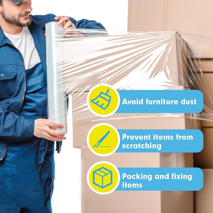 Stretch Film, PANDRI 2 Rolls Stretch Wrap with Handles Industrial Strength, Clear Shrink Wrap, Plastic Wrap for Moving Pallet Wrap, 15" x 1200 Ft Per Roll, 60 Ga, 2 Handles