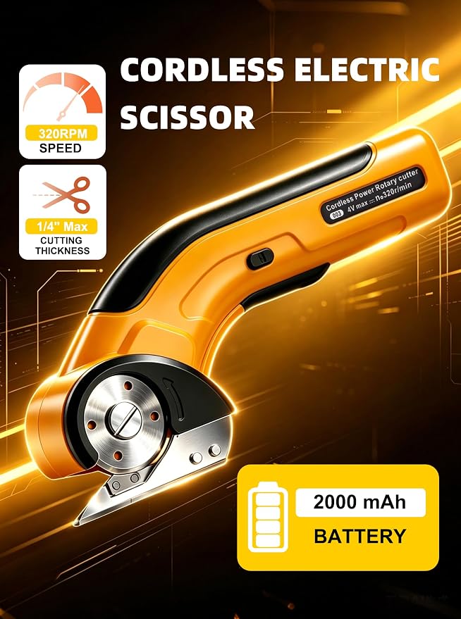 Cordless Electric Scissors,Rechargeable Cardboard Cutter, 4V Upgrade Electric Box Cutter with Safety Lock & LED Light, Powerful Cutting for Cardboard Box, Plastic, Leather（Yellow）