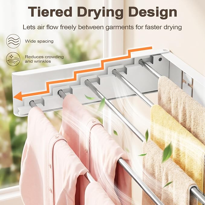 Wall Mounted Clothes Drying Rack Folding Indoor, Foldable Laundry Drying Rack Collapsible,Invisible, Space Saving, Retractable Towel Drying Rack, with Wall Template(5 Drying Rods, White 32")