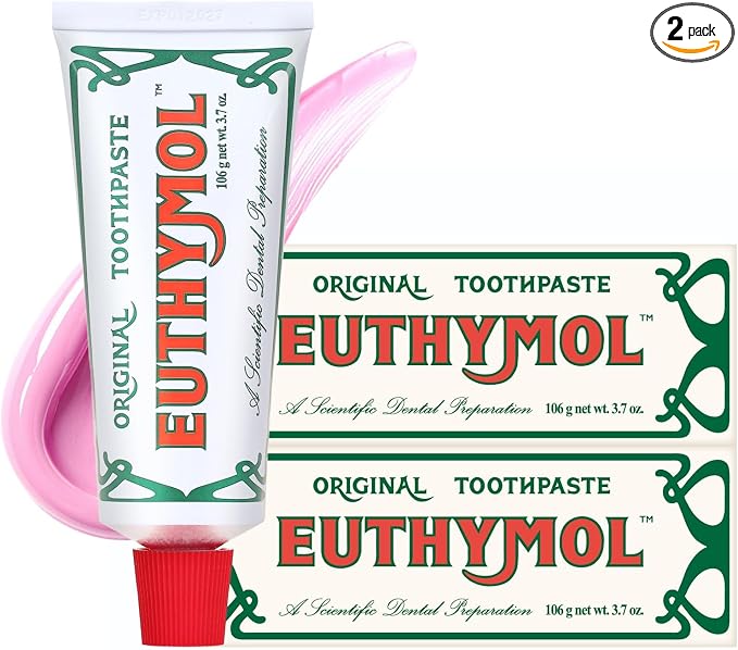 EUTHYMOL Original Pink Toothpaste, Fluoride-Free | 3.7 fl oz*2 (2 Pack) | Fluoride-Free Toothpaste for Sensitive Teeth & Gum. Bad Breath, Cavity Prevention, 12-Hour Long Lasting Freshness