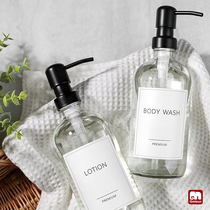 GMISUN Glass Soap Dispenser with Pump, 2 Pack Clear Bathroom Hand Soap Dispenser with Stainless Steel Pump, 17 Fl Oz Refillable Kitchen Hand and Dish Soap Dispensers Set, Modern Liquid Pump Bottles